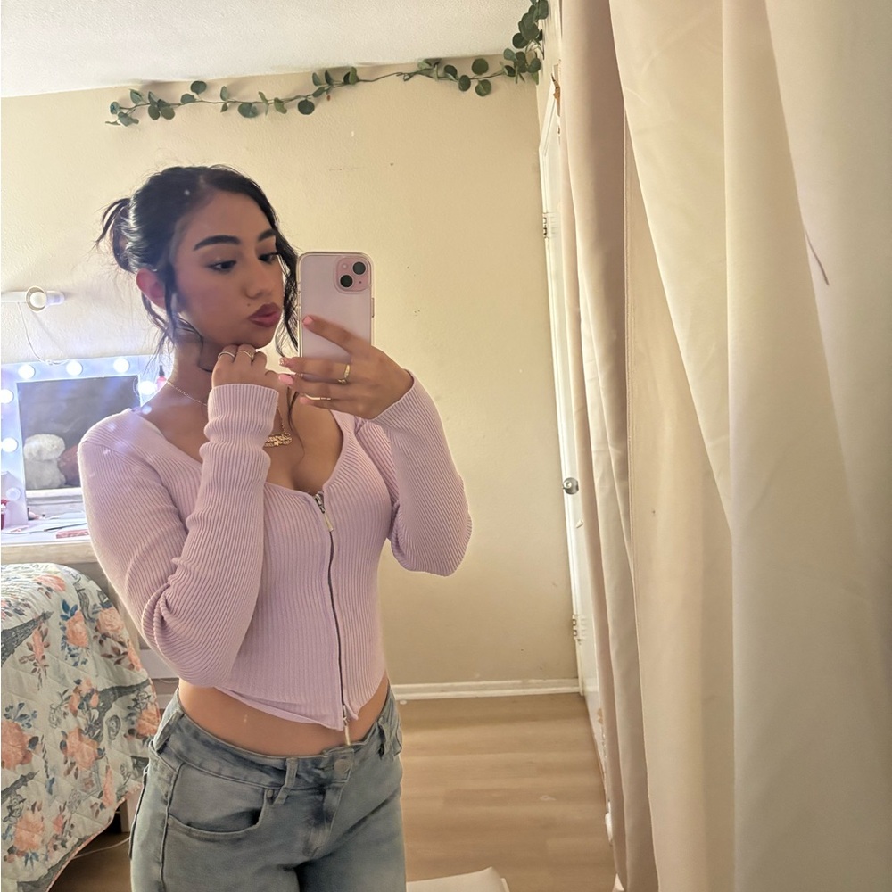 Lilac Ribbed Zip-Up Hoodie